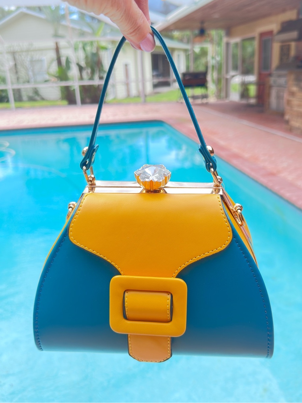 Accessorize Blue Yellow Top Handle Crossbody Bag Crystal Clasp - Picture 3 of 16
